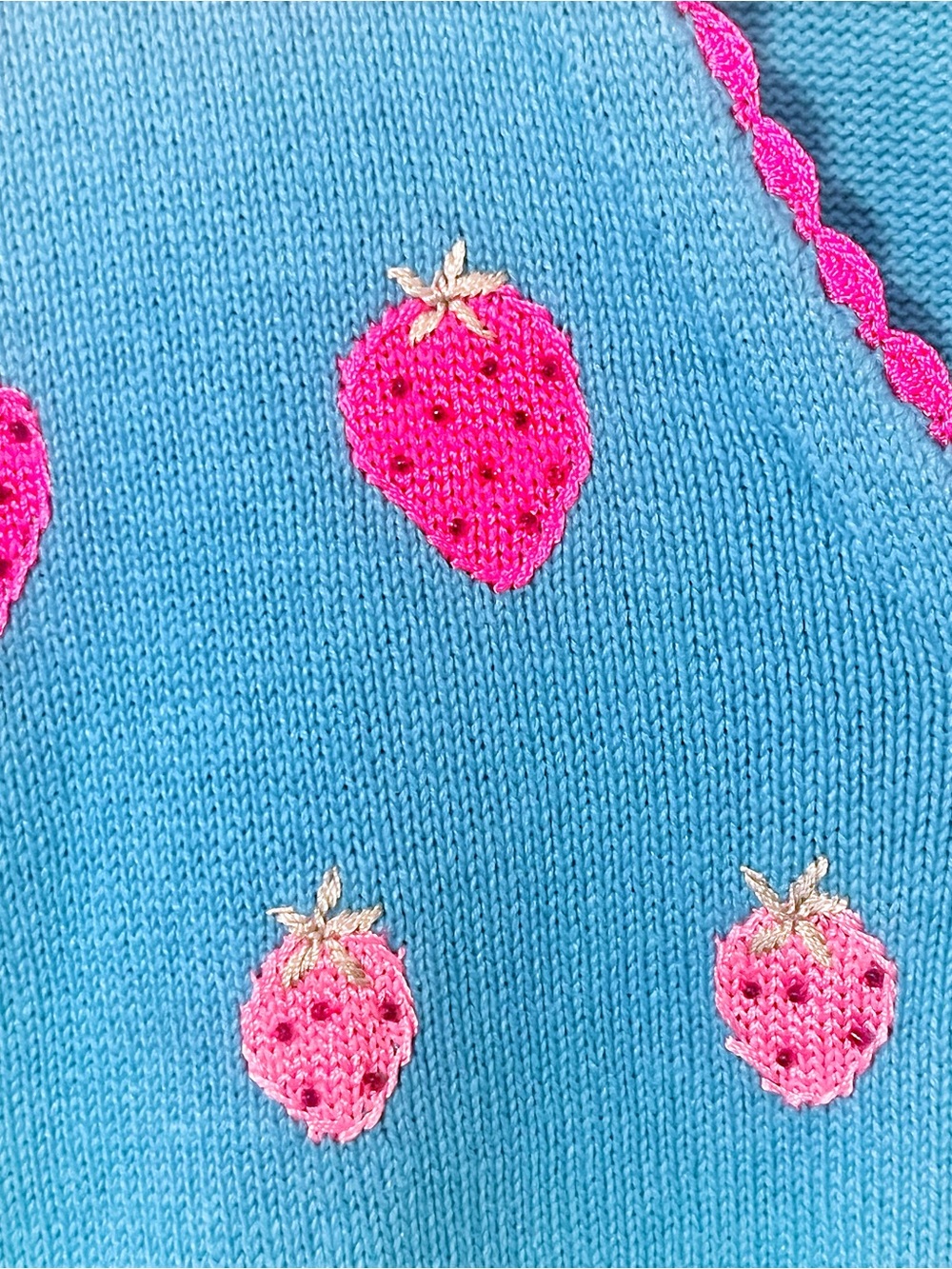 Storybook Knits NWT VINTAGE STRAWBERRY Cardigan Blue Crochet Trim Sweater - Picture 7 of 13